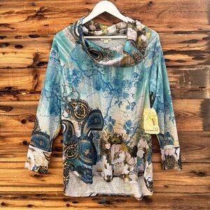 ONE WORLD | NWT Blue Cowl Scarf Neck 3/4 Sleeve Blouse L